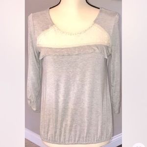 SALE-Women's Maurices Gray With Beige Crochet Lace 3/4 Sleeve Top/Shirt,Medium M
